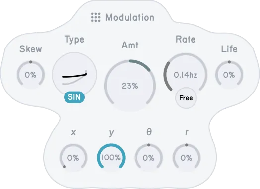 A modulation popup with amount, waveform, rate, life, and point-destination controls.